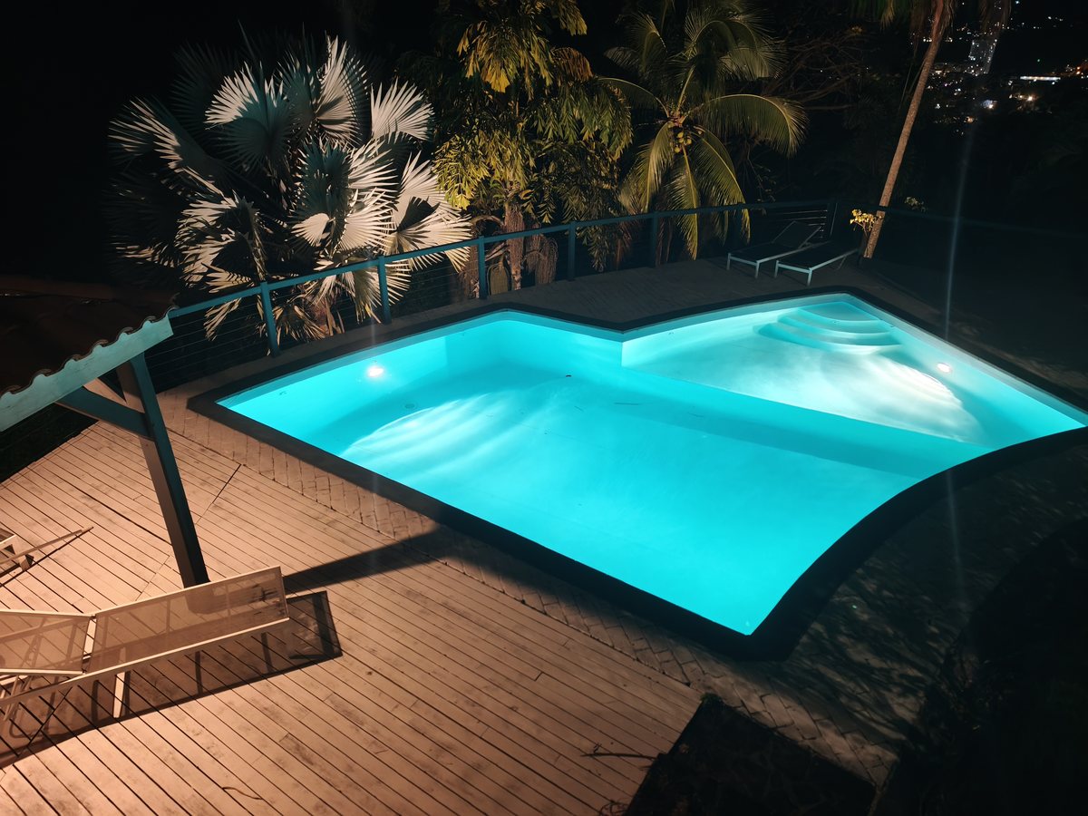 Piscine éclairée à la tombée de la nuit, sous les palmiers